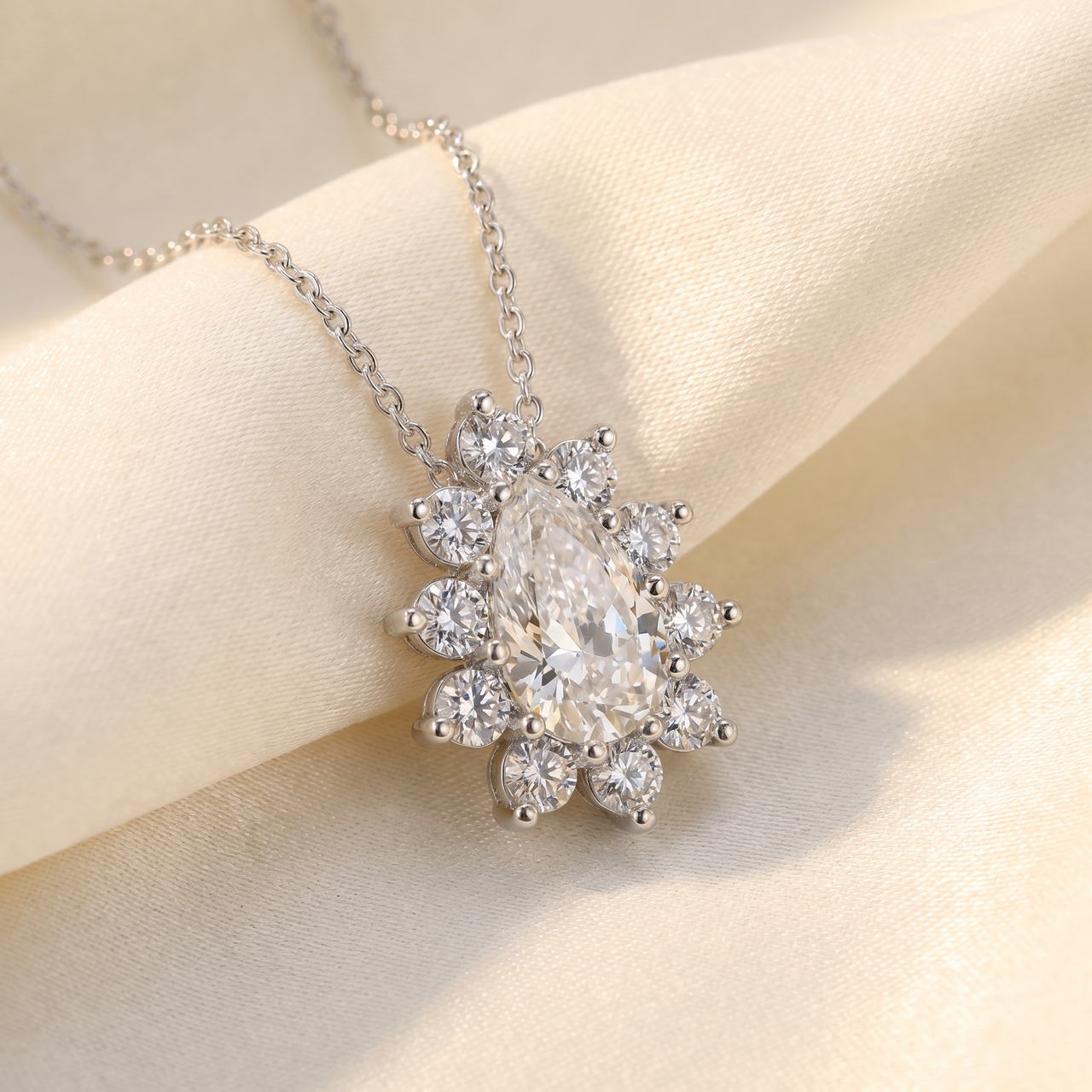 1/2Ct Pear Shape Halo Lab Grown Diamond Pendant Necklace in White